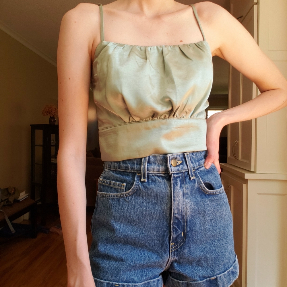 Lulu's Sage Green Silk Crop Top